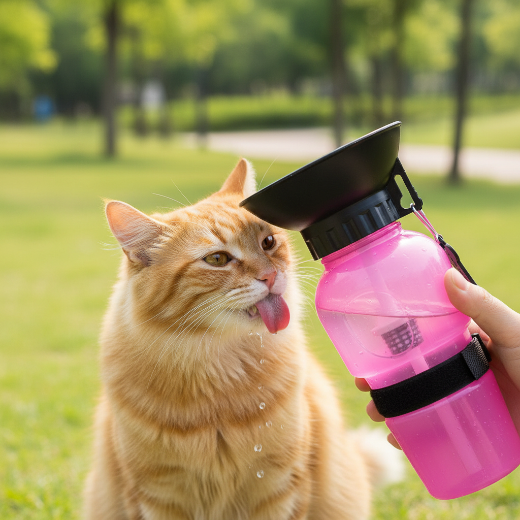 Gato bebiendo de botella de agua portátil