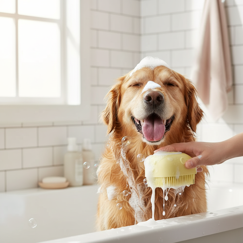 Perro siendo bañado con cepillo dispensador de shampoo