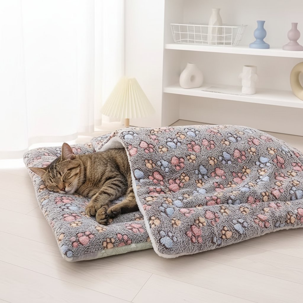 Gato relajándose en colchoneta acolchada con huellitas