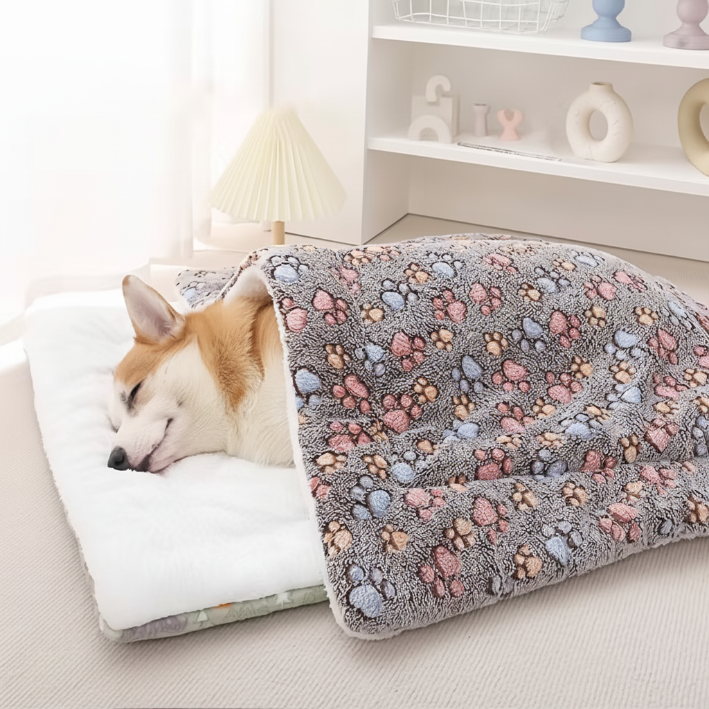 Perro durmiendo cómodamente en colchoneta acolchada con huellitas