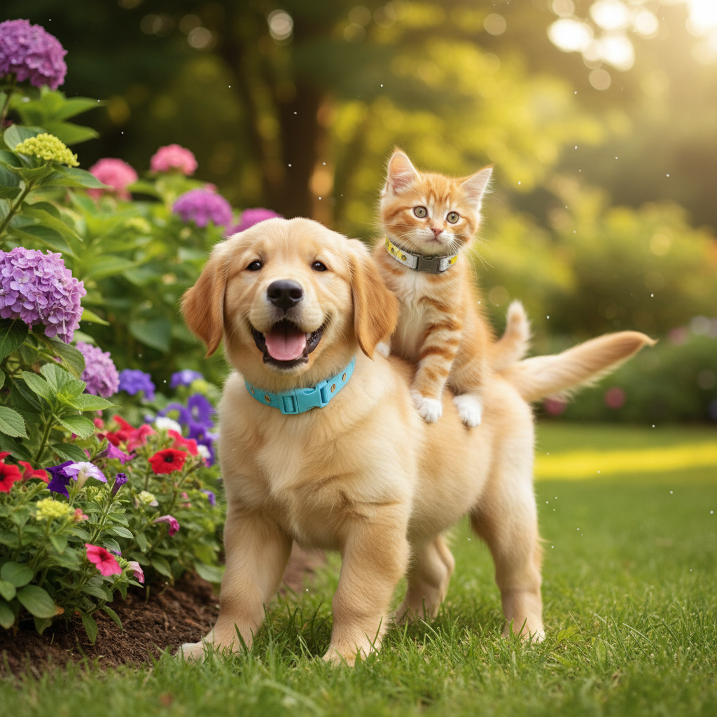 Cachorro y gatito usando collares antipulgas