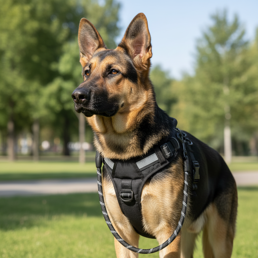 Perro grande usando arnés reflectivo de entrenamiento