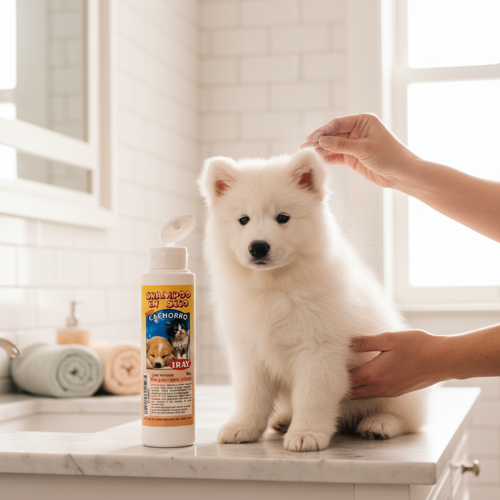 Cachorro recibiendo shampoo en seco