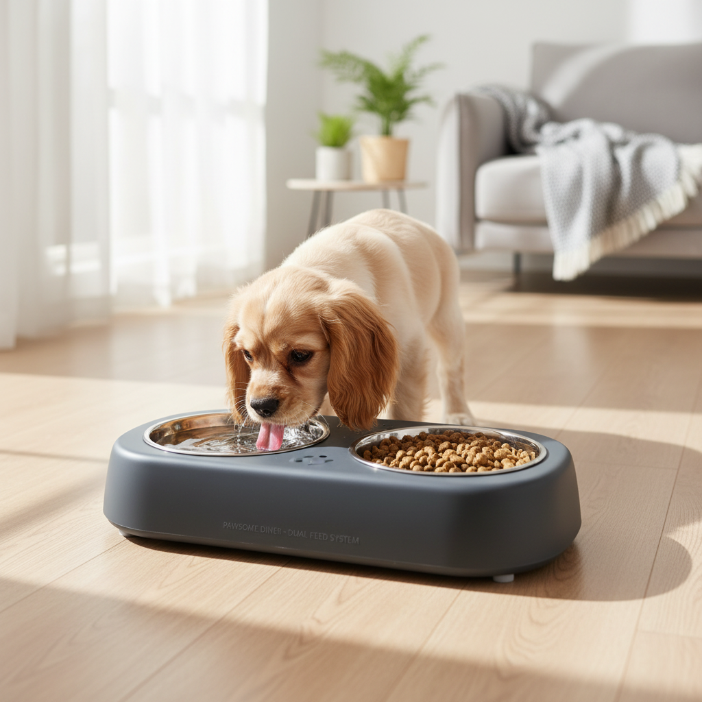 Perro usando bebedero y comedero doble