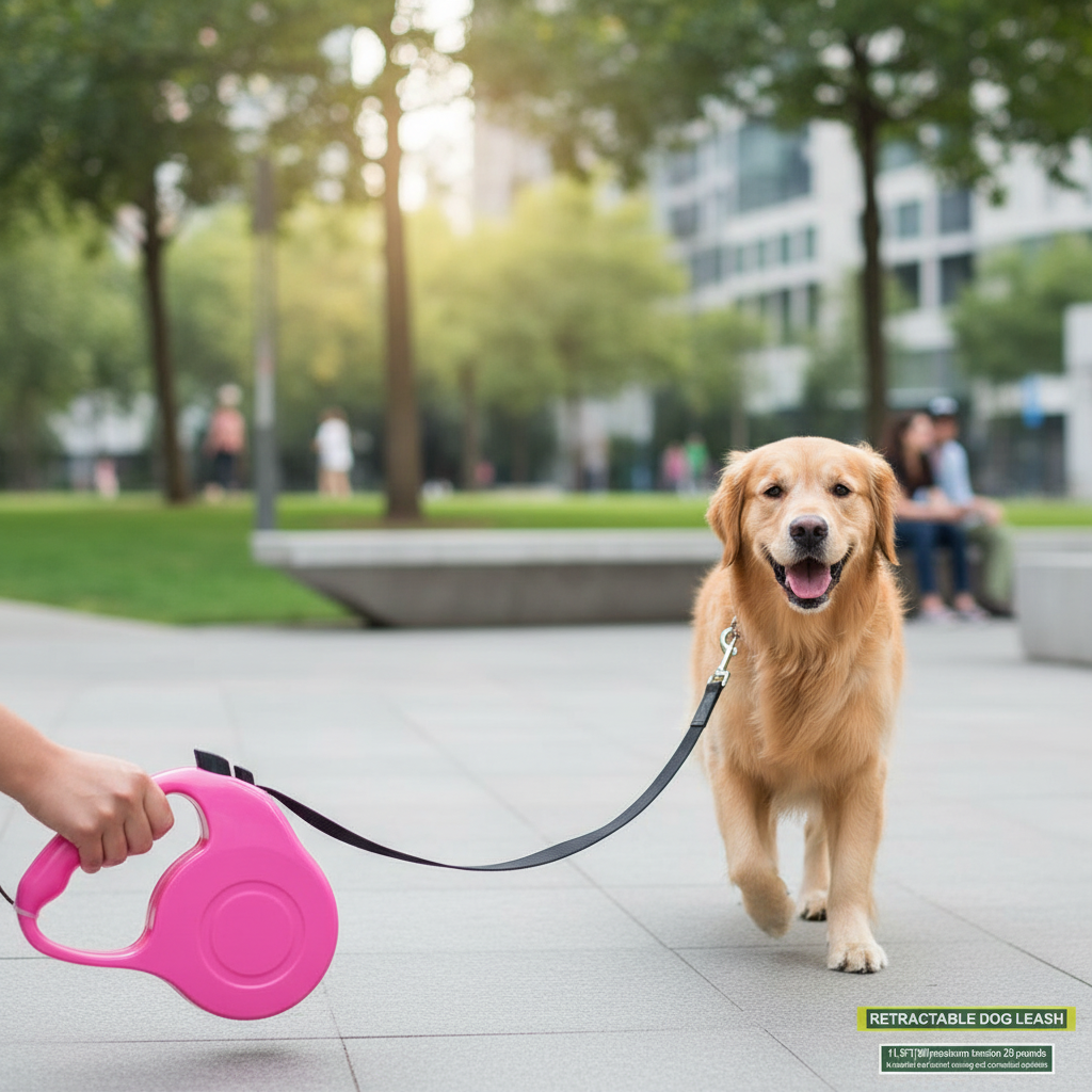 Perro usando correa retráctil en paseo