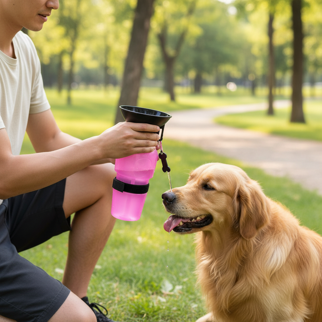 Perro bebiendo agua de botella portátil durante paseo